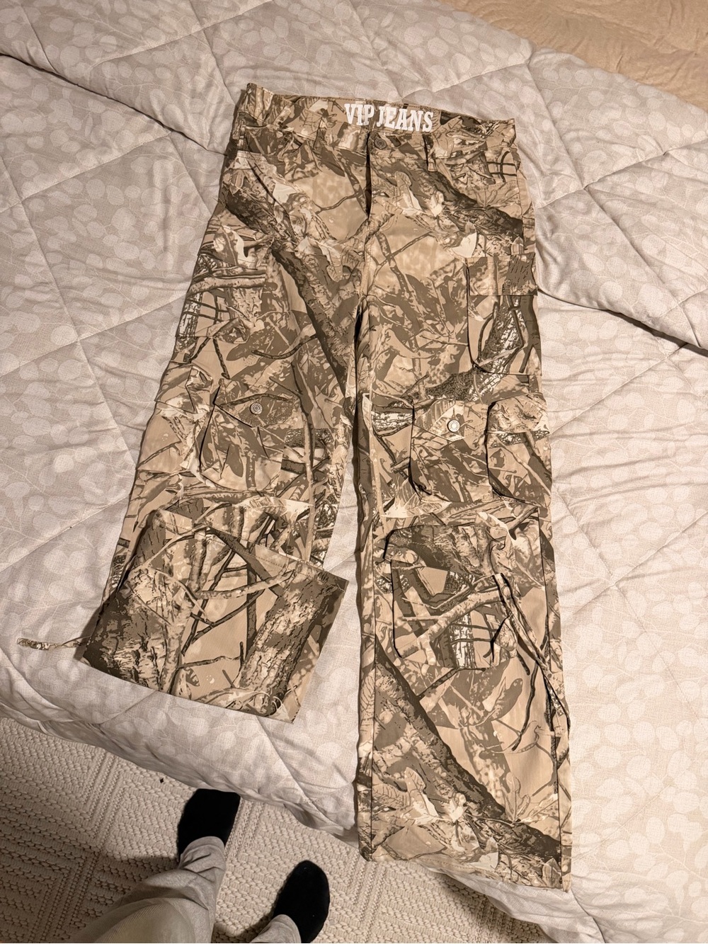 VIP Wide-Leg Camo Flare Jeans in Beige and Brown